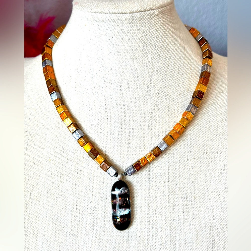 Artisan Cube Bead Necklace with Dichroic Glass Pendant